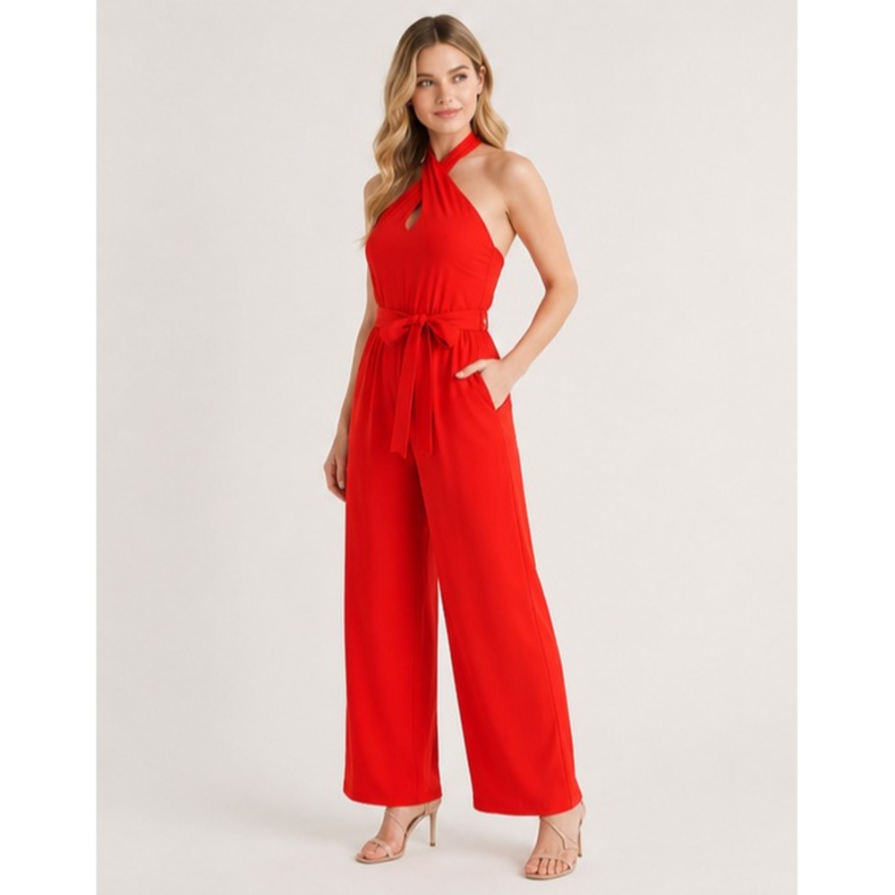 Sofia Jeans Womens Jumpsuit Size XS Red Alert Halter Cross Neck Wide Leg Halter